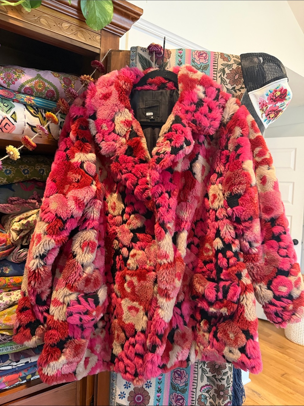 Anna Sui Vibrant Pink Floral Faux Fur Coat